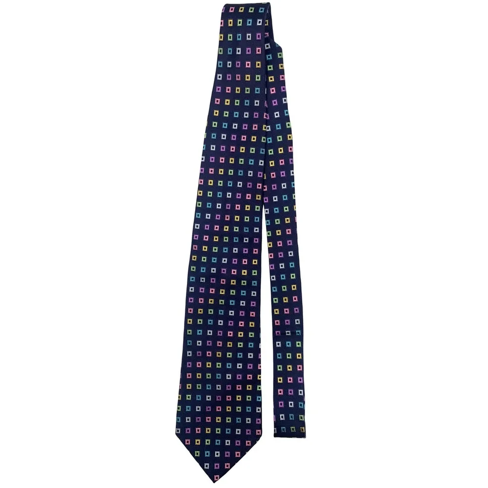 Charles Tyrwhitt‎ Navy Silk Tie Geometric Square Pattern Made in Italy Mens